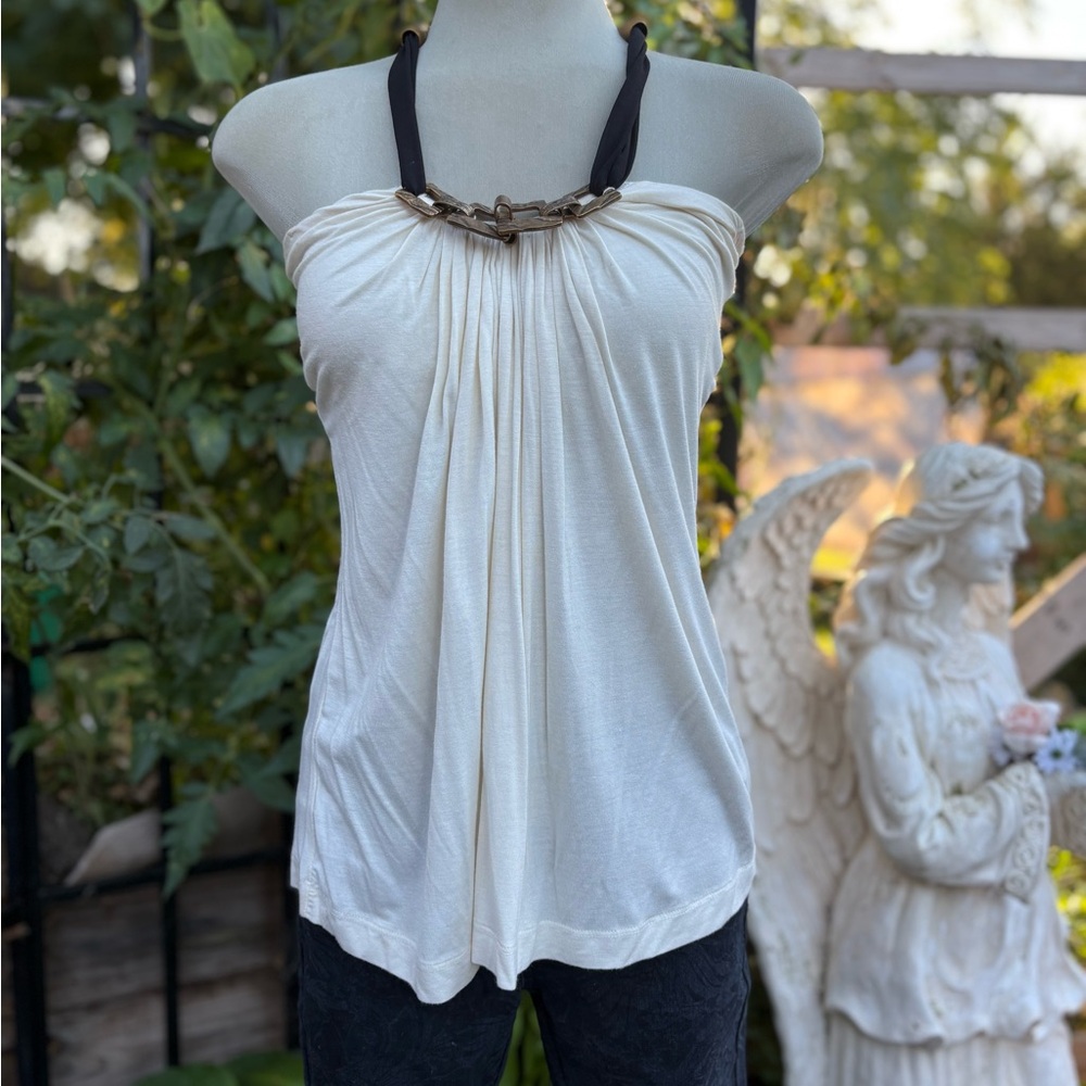 Chic White Blouse with Black Halter Straps - Picture 3 of 16